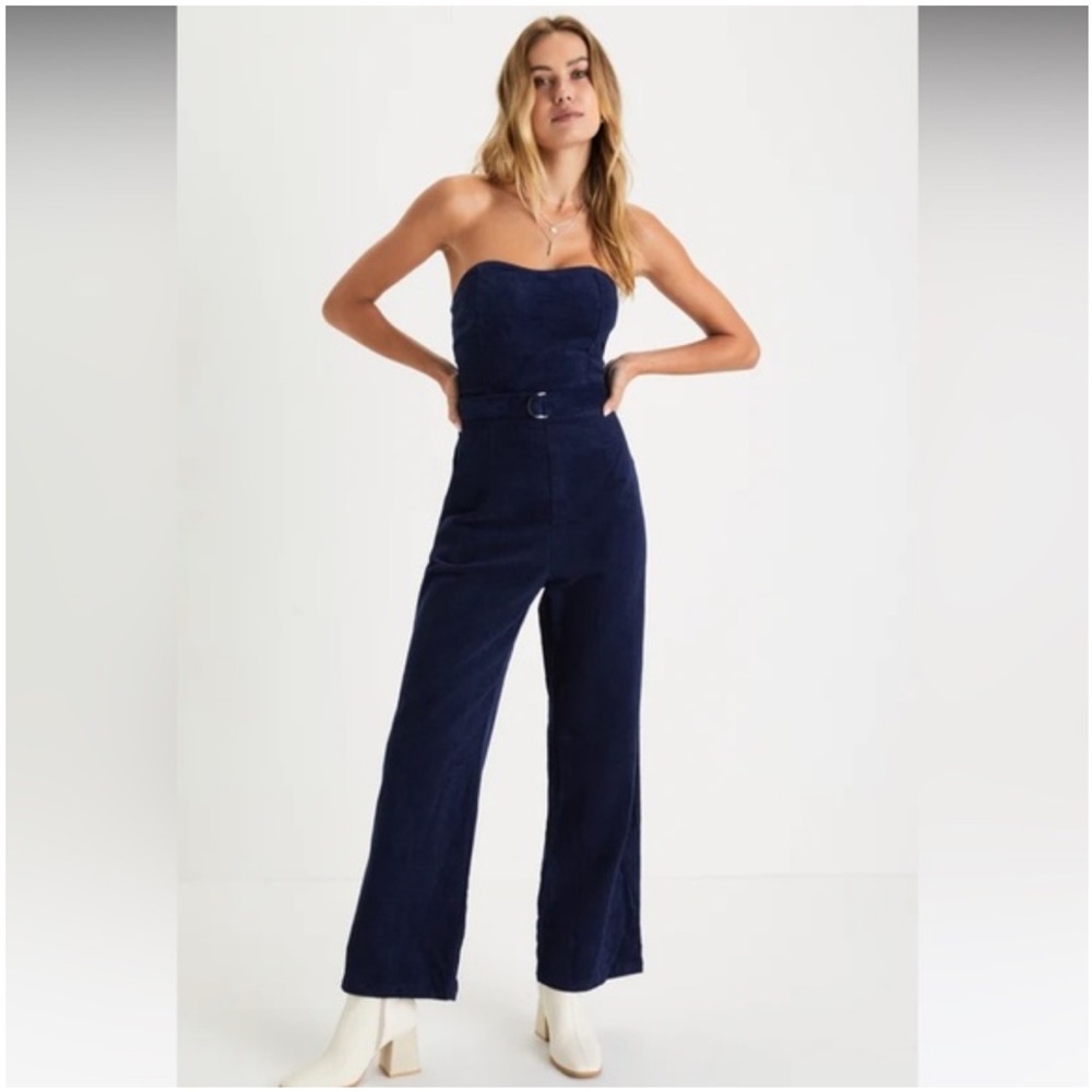 Lulu’s‎ Corduroy navy blue Strapless Jumpsuit size small NWT